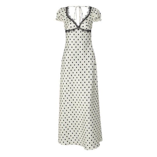 Damen Polka Dot Maxikleid mit eleganten Rüschendetails und nostalgischem Ausschnitt EB