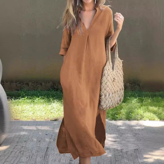 Damen Lässiges Maxikleid mit V-Ausschnitt und praktischen Seitenschlitzen EB