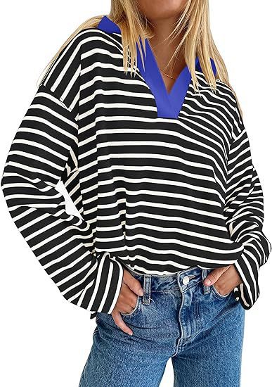 Damen Lässiges gestreiftes Sweatshirt mit V-Ausschnitt und langen Ärmeln EB