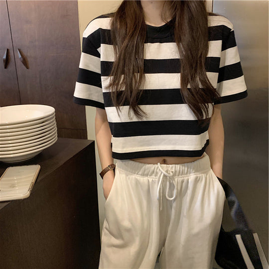 Damen Cropped T-Shirt mit Streifenmuster und lässigem Schnitt EB