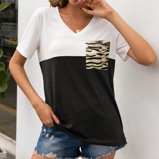 Damen V-Ausschnitt T-Shirt mit tierischem Taschenmotiv und lässigem Schnitt EB