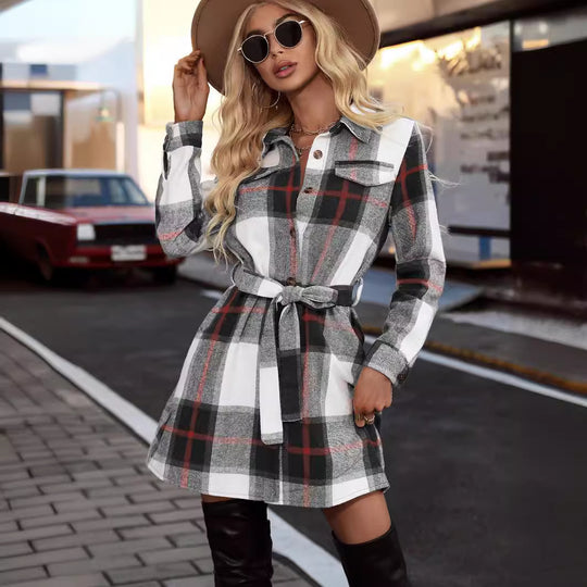 Damen Karierter Hemdblusenkleid mit Taillengürtel und Brusttaschen EB