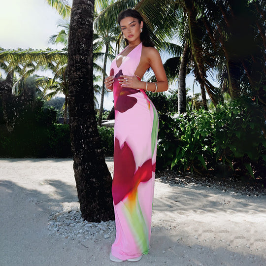 Damen Maxikleid mit floralem Design und tiefem Ausschnitt EB