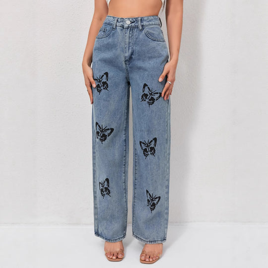 Damen Weite Jeans mit auffälligen Schmetterlings-Prints EB