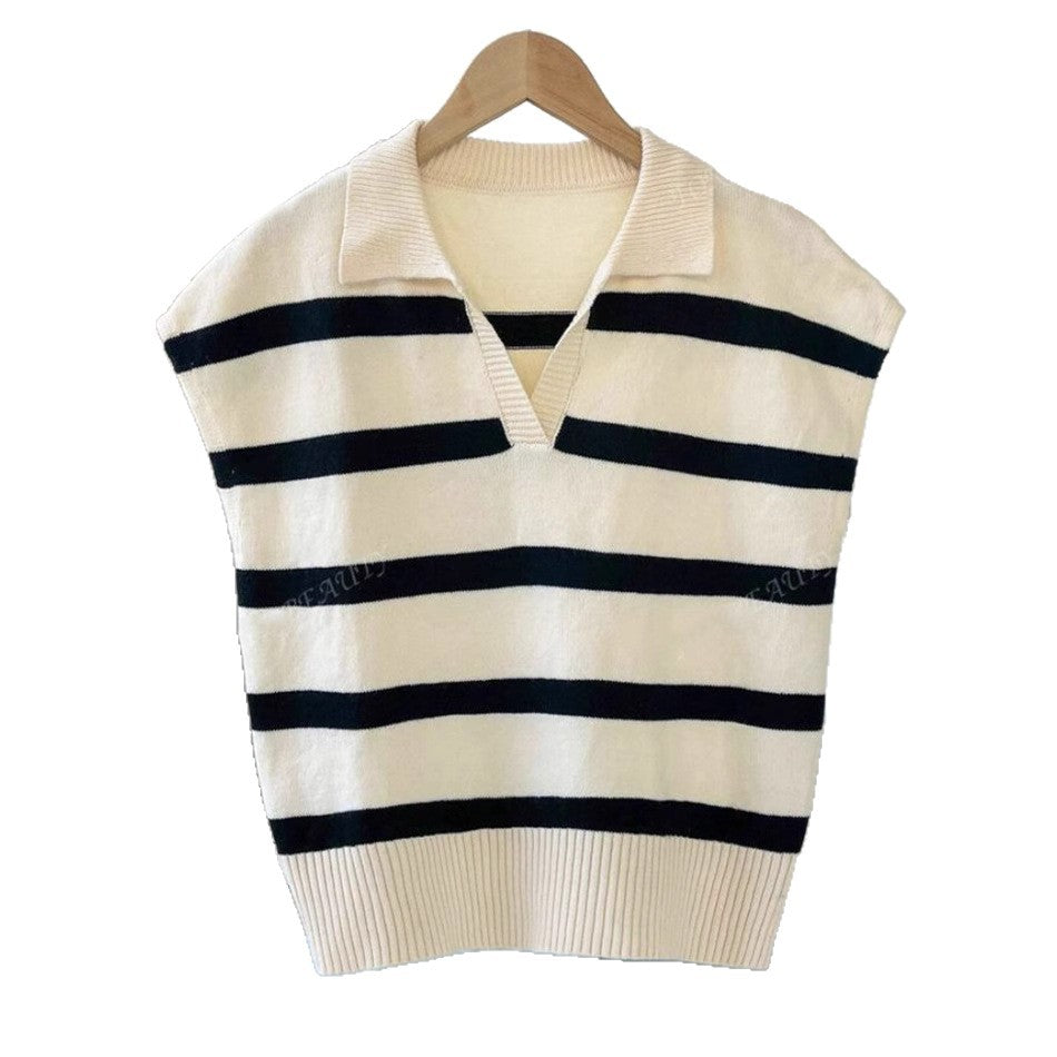 Damen Gestreiftes Kurzarm-Stricktop mit V-Kragen und überschnittener Schulter EB