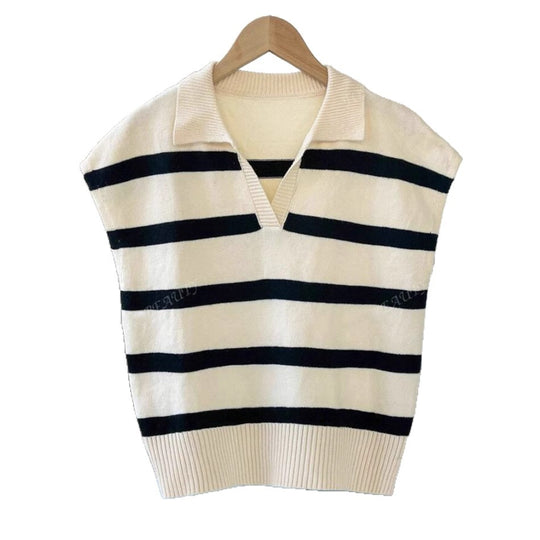 Damen Gestreiftes Kurzarm-Stricktop mit V-Kragen und überschnittener Schulter EB