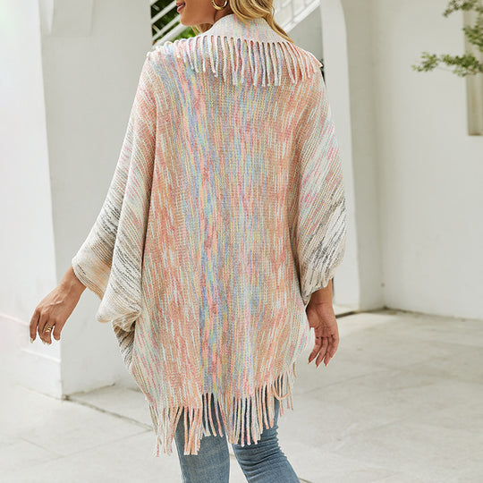 Damen modischer Poncho mit fransigem Saum und strukturiertem Design EB