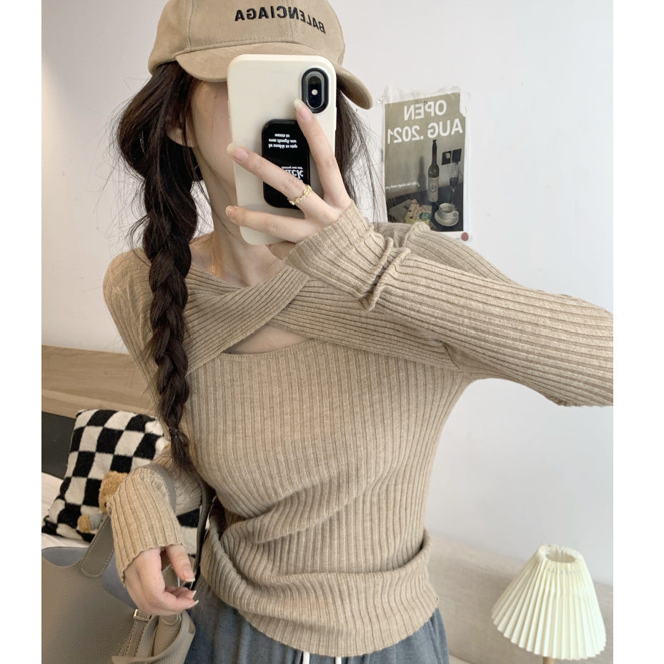 Damen Langarmshirt mit offener Schulterpartie und Rippstrickmuster EB