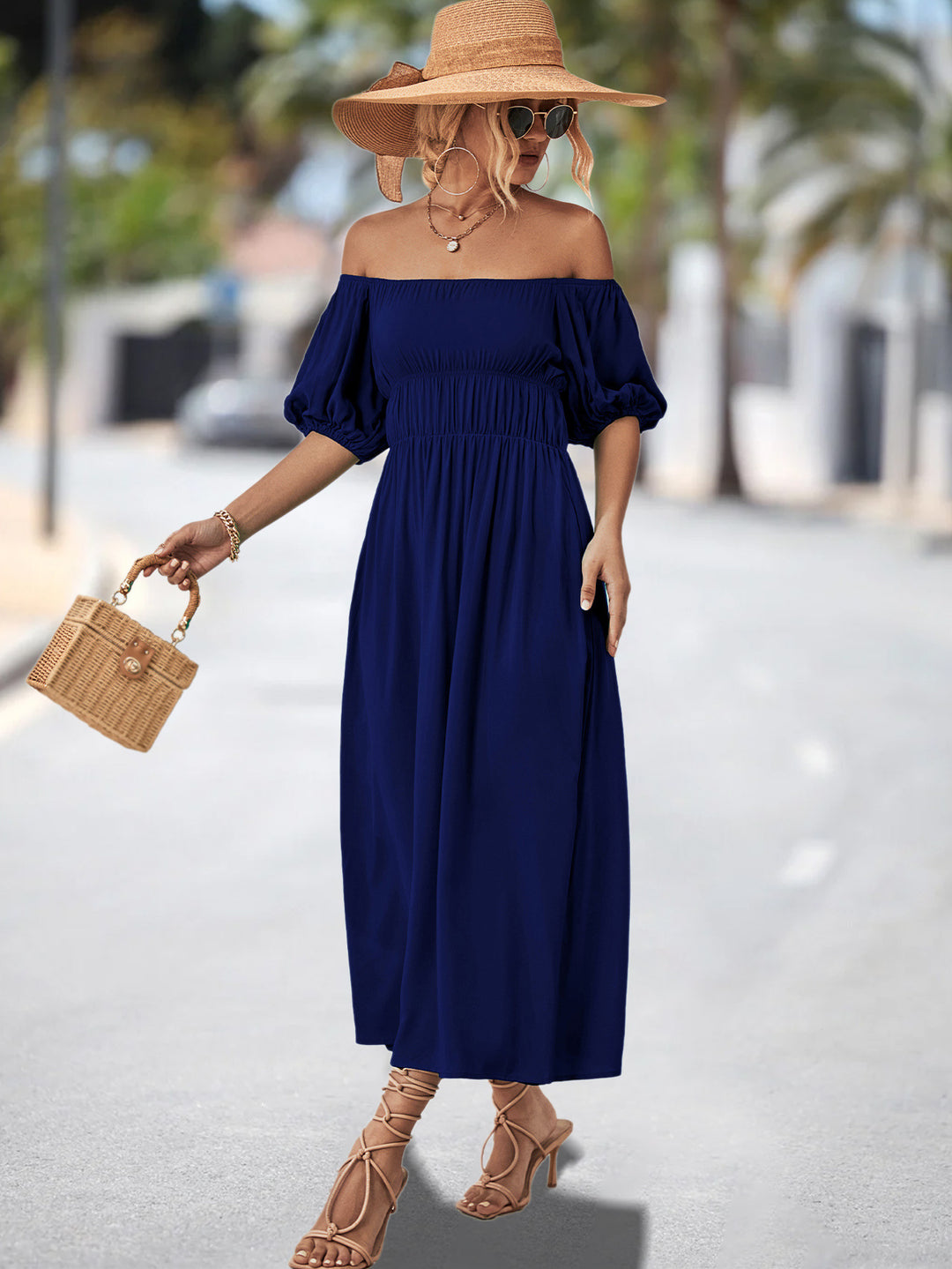 Damen Off-Shoulder Maxikleid mit voluminösen Puffärmeln und elastischem Taillenband EB