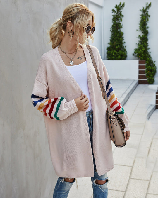 EB | Strickjacke Offene Front Langer Entspannter Schnitt Farbgestreifte Ärmel