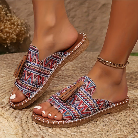 Damen bequeme Tangle-Sandalen mit buntem Stickdesign und Quasten EB