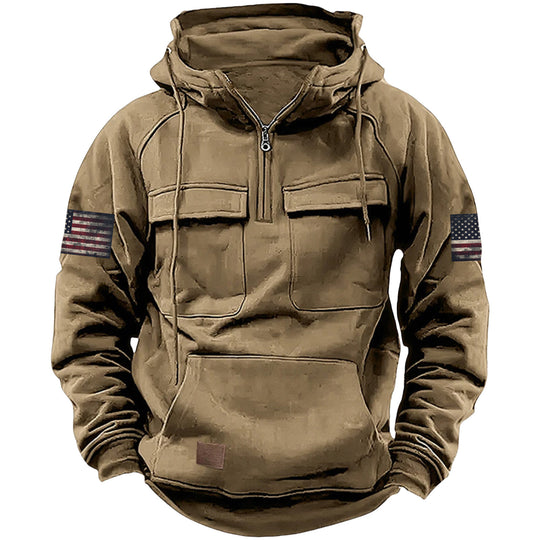 Herren nan Kapuzenpullover mit Halbzip, Cargo-Brusttaschen und Kängurutasche EB
