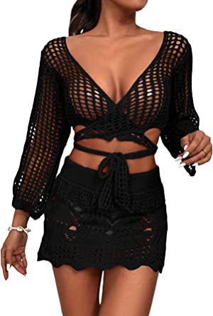 Damen gehäkeltes Crop-Top und Minirock-Set mit eleganten Binde-Details EB