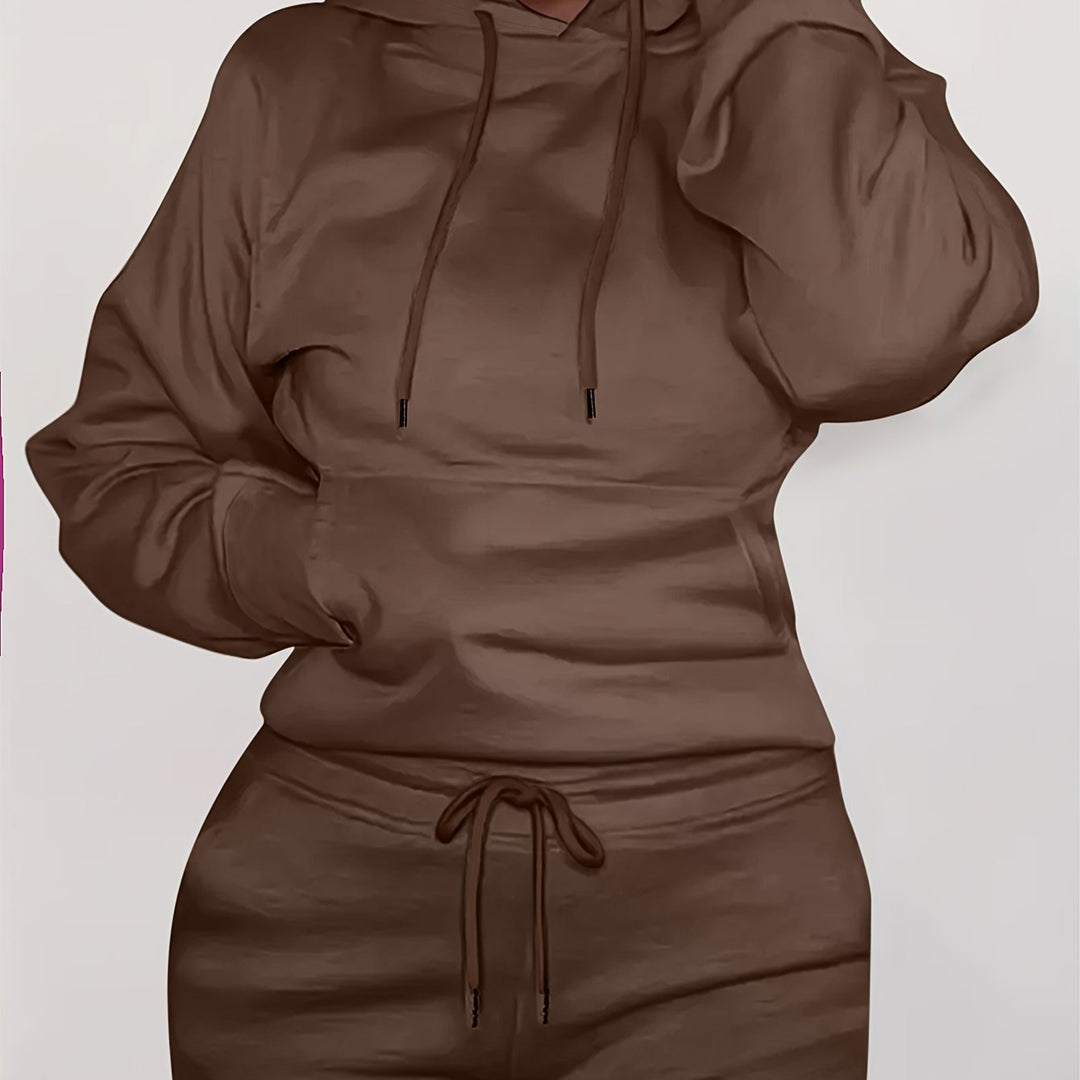 Damen nan figurbetontes Hoodie-und Taillenrock-Set mit Kängurutasche und Tunnelzug EB