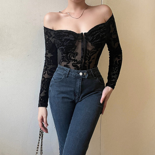Damen Spitzenbustier mit schulterfreiem Design und langen Ärmeln EB