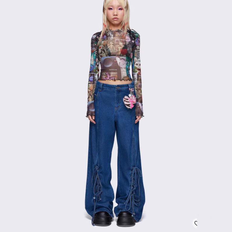 Damen Weit geschnittene Denim-Hose mit verstellbaren Kordeln EB