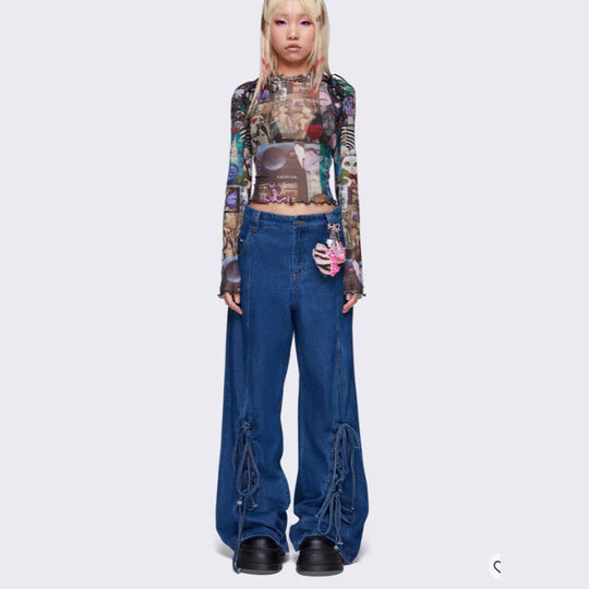 Damen Weit geschnittene Denim-Hose mit verstellbaren Kordeln EB