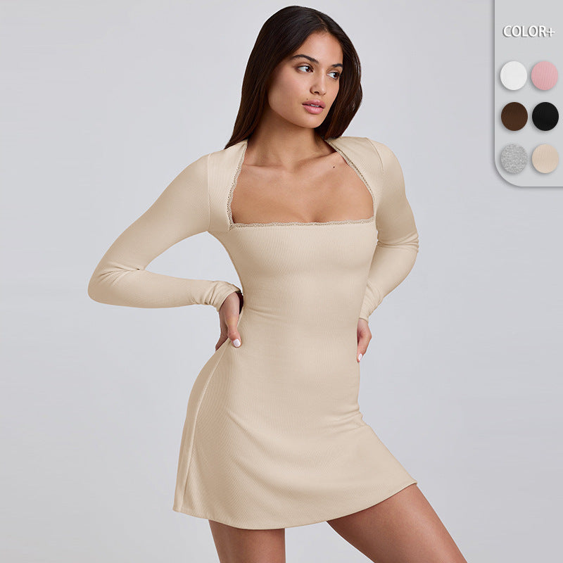 Damen Langärmeliges Minikleid mit elegantem Ausschnitt und Rippstruktur EB