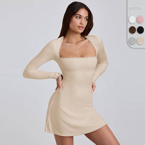Damen Langärmeliges Minikleid mit elegantem Ausschnitt und Rippstruktur EB
