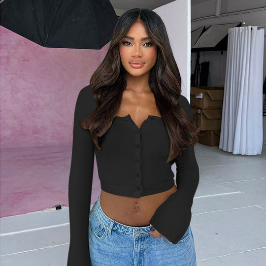 Damen Cropped Langarmshirt mit Knopfleiste und weitem Ausschnitt EB