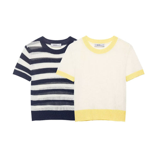 Damen lässiges Kurzarmshirt mit maritimem Streifenmuster und feiner Strickstruktur EB