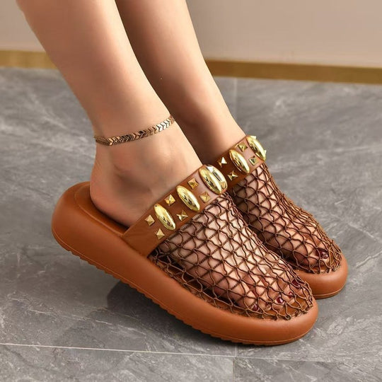 Damen Plateau-Pantoletten mit Netzdesign und Glitzerakzenten EB