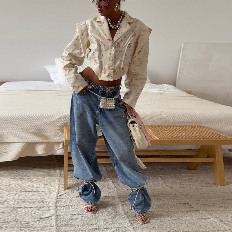 Damen Modische Kurzbluse mit floralen Mustern und Oversized-Schnitten EB