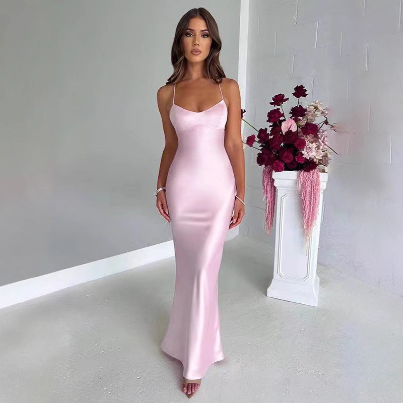 Damen Glamouröses Langarm-Maxi-Kleid mit verstellbaren Trägern und figurbetontem Schnitt EB