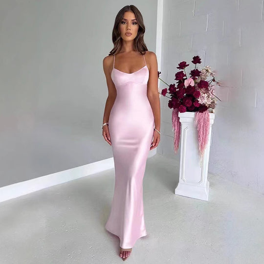 Damen Glamouröses Langarm-Maxi-Kleid mit verstellbaren Trägern und figurbetontem Schnitt EB
