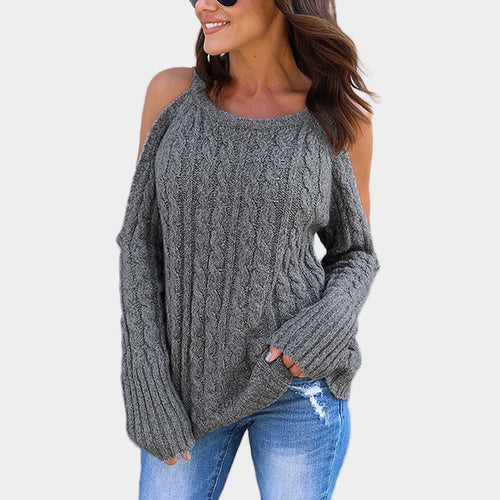 Damen Strickpullover mit offenen Schultern und dekorativem Zopfdesign EB