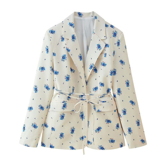 Damen Blazerjacke mit floralem Muster und taillierbarem Gürtel EB