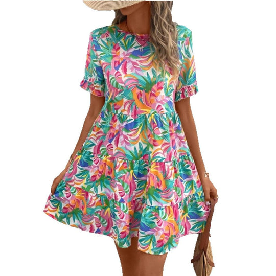 Damen Sommerliches Freizeitkleid mit Rüschendetails und frischem Blumenmuster EB