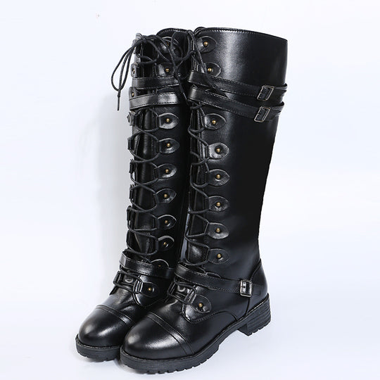 Damen  kniehohe Schnürstiefel mit seitlichem Reißverschluss, verstellbaren Zierriemen und profilierter Gummisohle EB