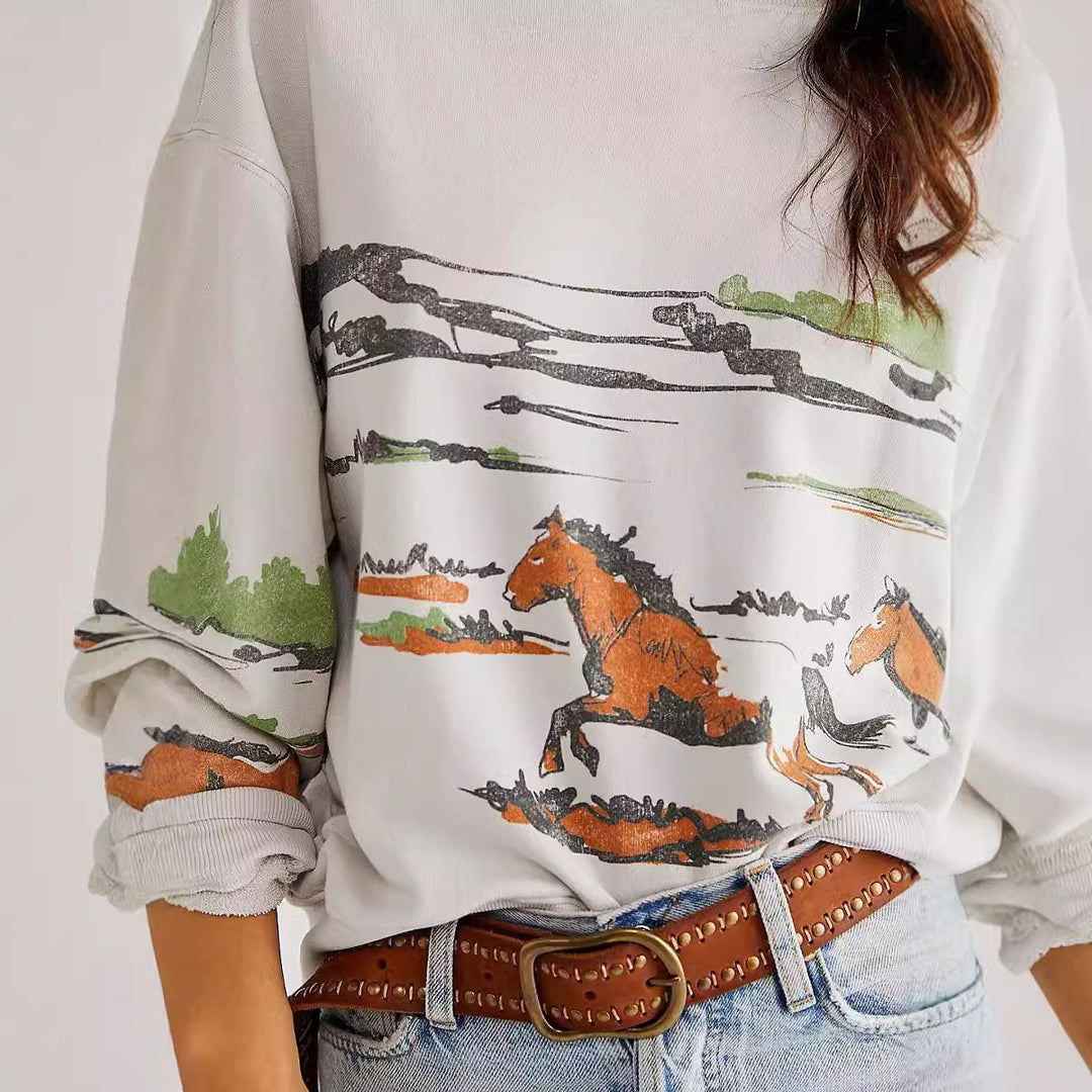 Damen Sweatshirt mit kreativer Pferdemotiv-Grafik und lässigem Schnitt EB
