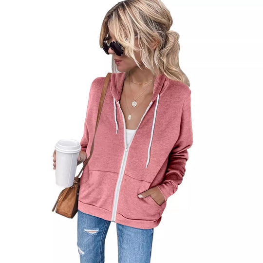 Damen bequemer Kapuzenpullover mit Reißverschluss und seitlichen Taschen EB
