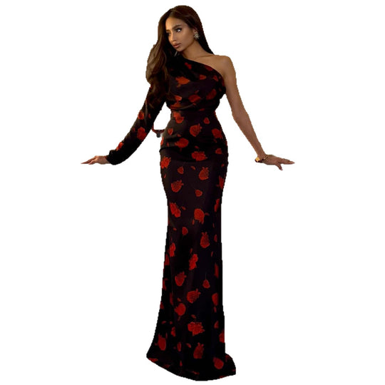 Damen Maxi-Kleid mit asymmetrischem Design und eleganten floralem Muster EB