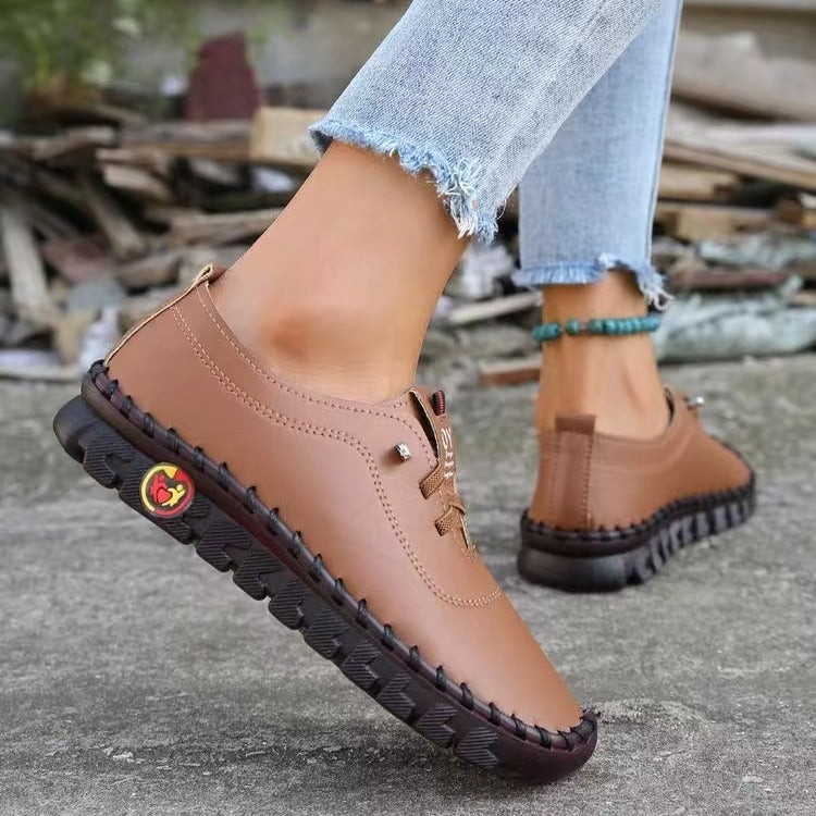 Damen nan handgenähte Mokassin-Loafer mit elastischer Schnürung gepolstertem Komfortfußbett und profilierter Gummisohle EB