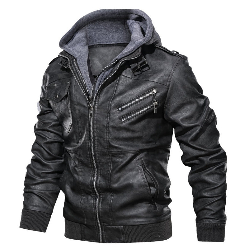 Herren Kunstleder-Bomberjacke mit Kapuze Fleece-Innenfutter und Multifachtaschen EB