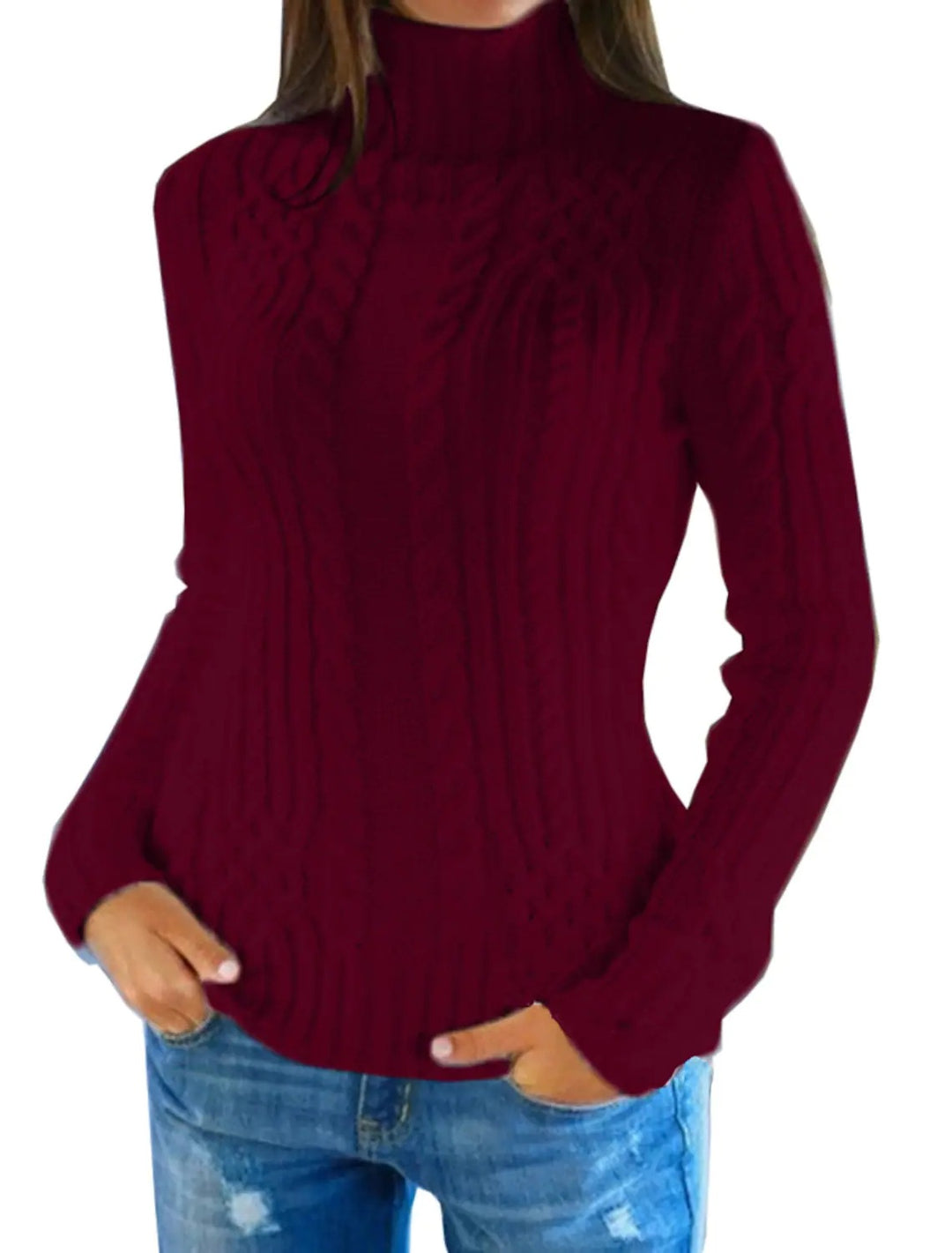 Damen Hochwertiger Strickpullover mit Stehkragen und Zopfmuster EB
