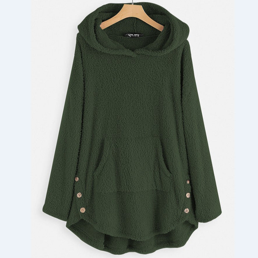 Damen nan kuscheliger Teddy-Kapuzenpullover mit Kängurutasche, Knopfleiste an den Seiten und abgerundetem Saum EB