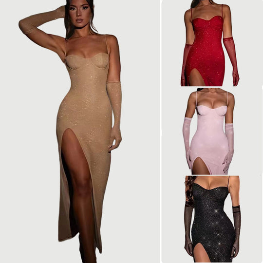 Damen Glamouröses Maxikleid mit transparenten Ärmeln und figurbetontem Schnitt EB