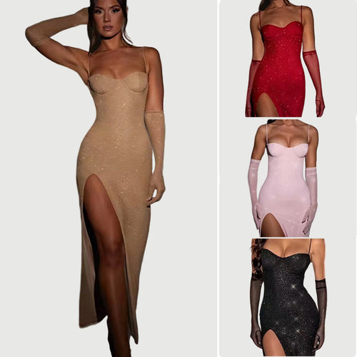 Damen Glamouröses Maxikleid mit transparenten Ärmeln und figurbetontem Schnitt EB
