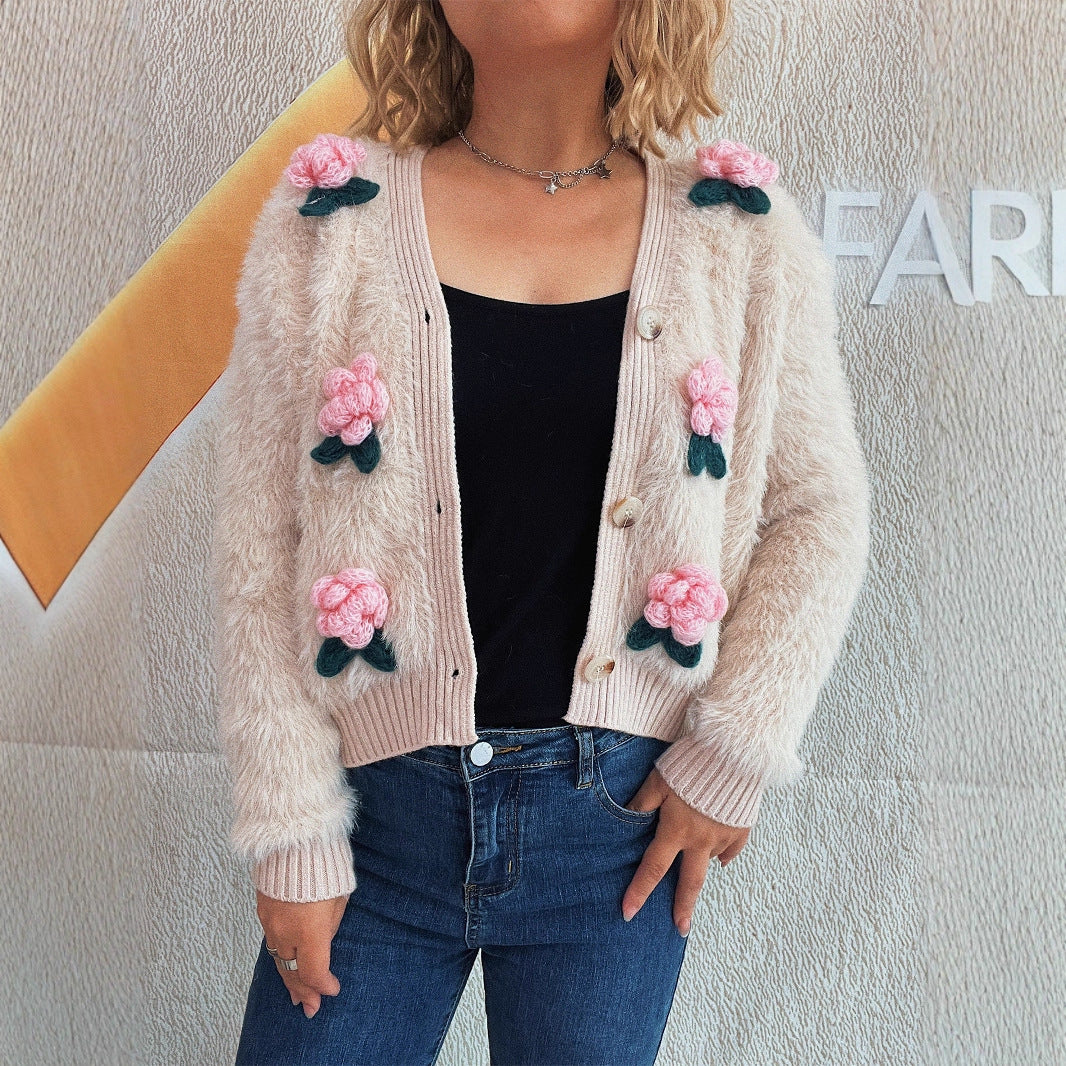 Damen Strickjacke mit floralen Applikationen und weichem Material EB