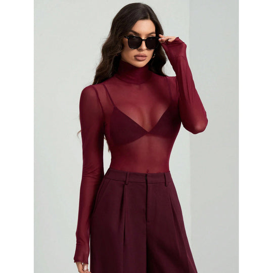 Damen Elegantes langärmliges transparentes Oberteil mit hohem Kragen EB