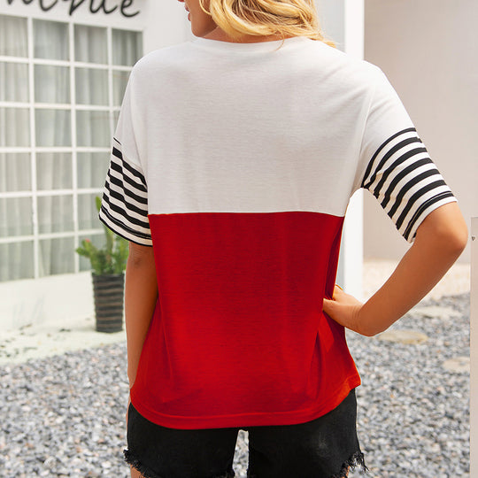 Damen modisches T-Shirt mit gestreiften Ärmeln und aufgesetzter Tasche EB