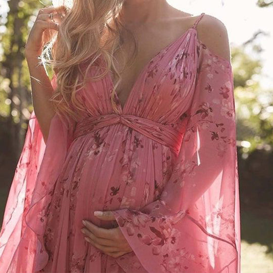 Damen Luftiges Maxi-Kleid mit floralen Akzenten und schwingenden Ärmeln EB