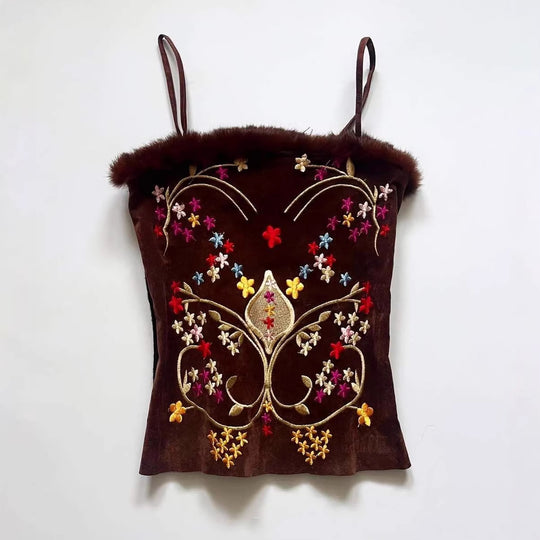 Damen Samt-Blusentop mit floralen Stickereien EB