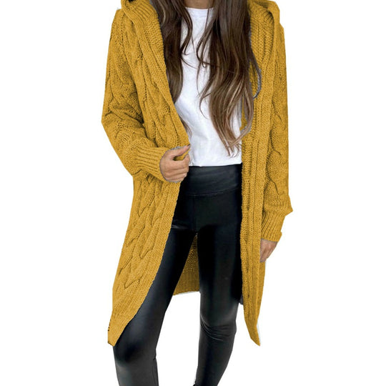 Damen Langer Strickmantel mit strukturiertem Zopfdesign und praktischer Kapuze EB