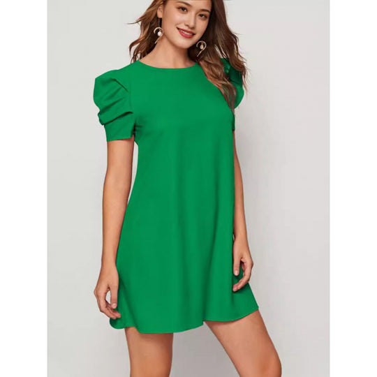 Damen lässiges Kurzarmkleid mit voluminösen Puffärmeln und lockerem Schnitt EB