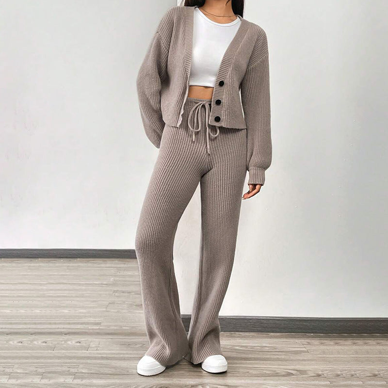 Damen Set aus weichem Strick mit lässiger Hose und Crop-Cardigan EB